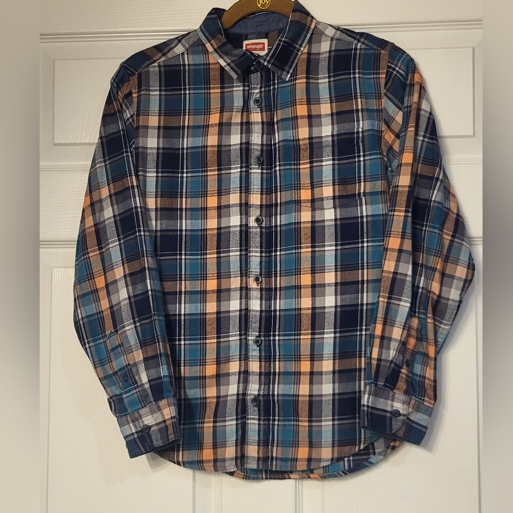 Boy's Wrangler XL Blue And Brown Plaid Light Flannel Shirt Size XL (14/1…